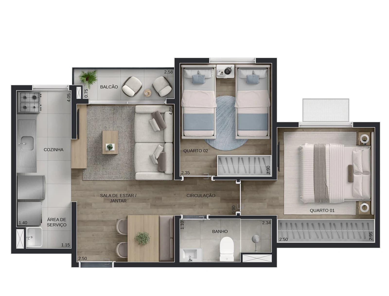 Planta 2 quartos com varanda e vaga de moto e 42 m² no Now Laguna
