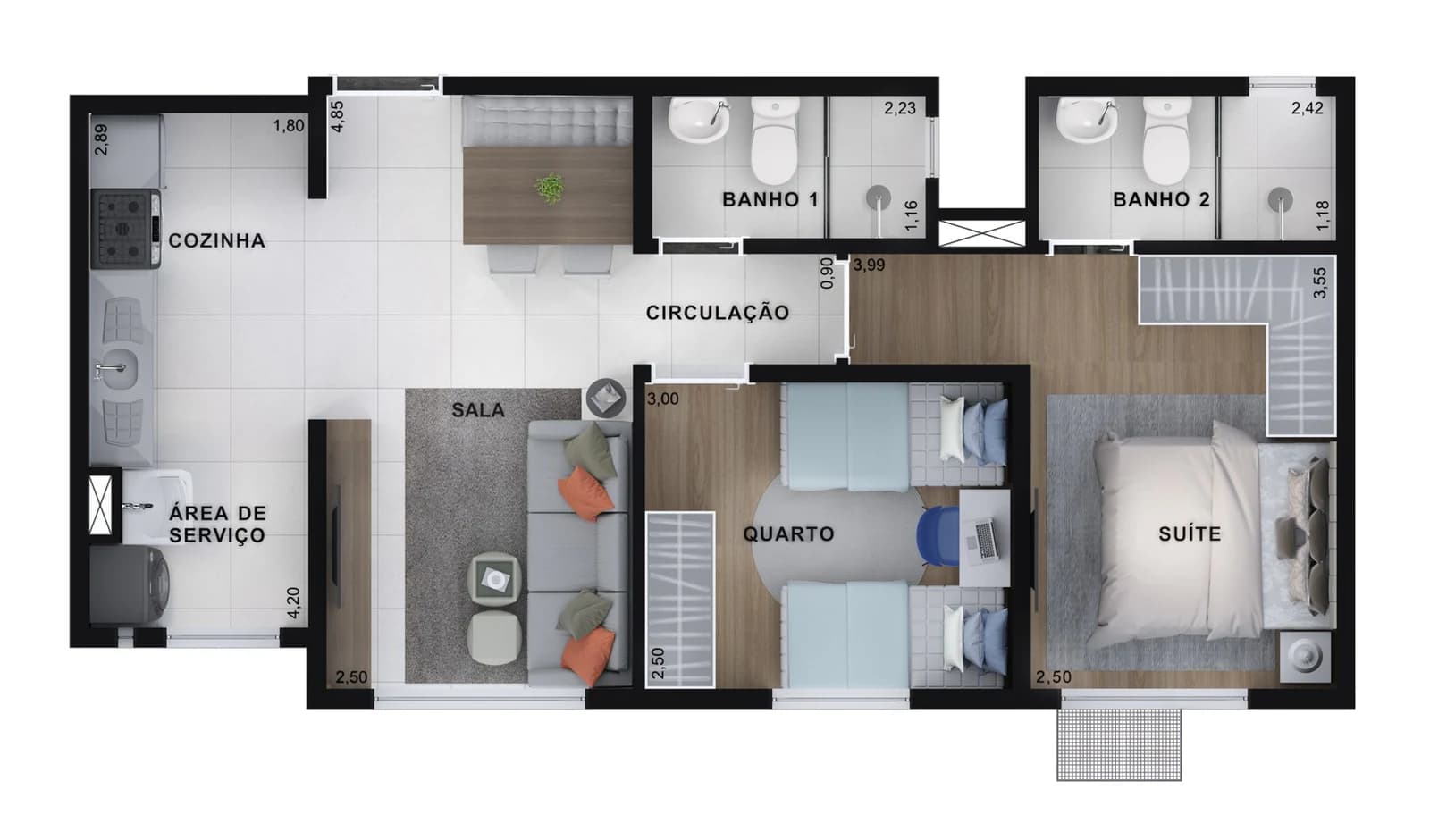 Planta 2 quartos com suíte — tipo 51 m² no Parque América Cancún