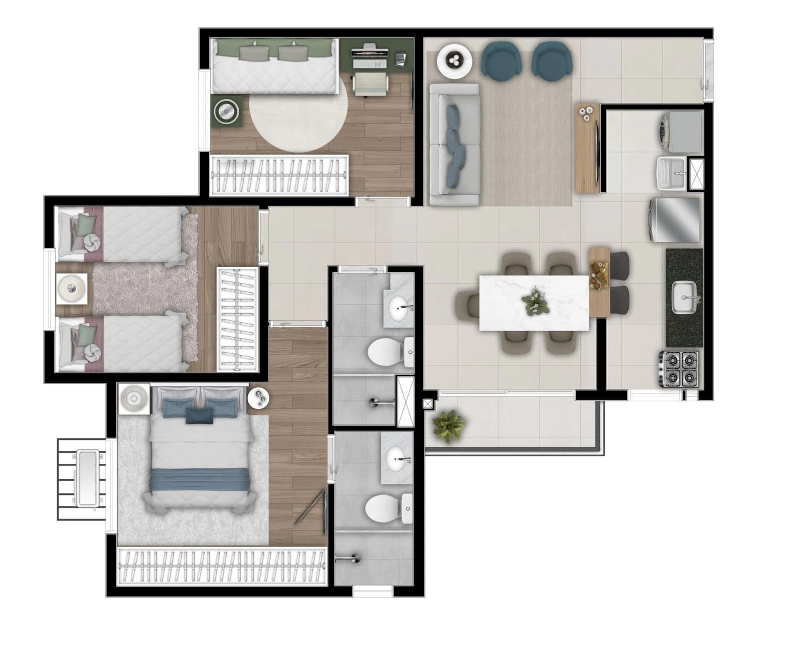 Planta 3 quartos com suíte e varanda e 61 m² no Now Praça C8