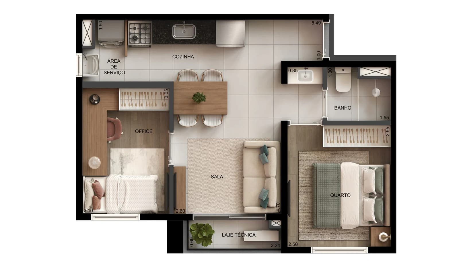 Planta 2 quartos sem vaga de garagem e 39 m² no Rota Panorama