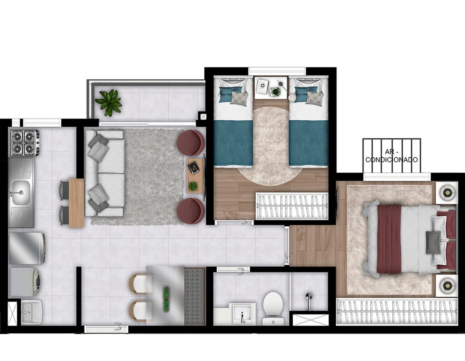 Planta 2 quartos com varanda e 42 m² no Now Reserva das Águas
