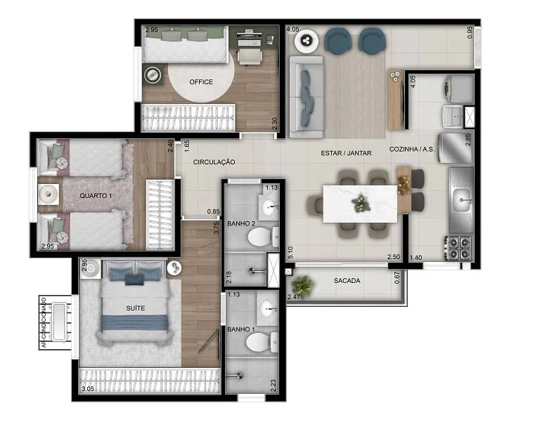 Planta 3 quartos com suíte e varanda e 61 m² no Now Parque Amazônia