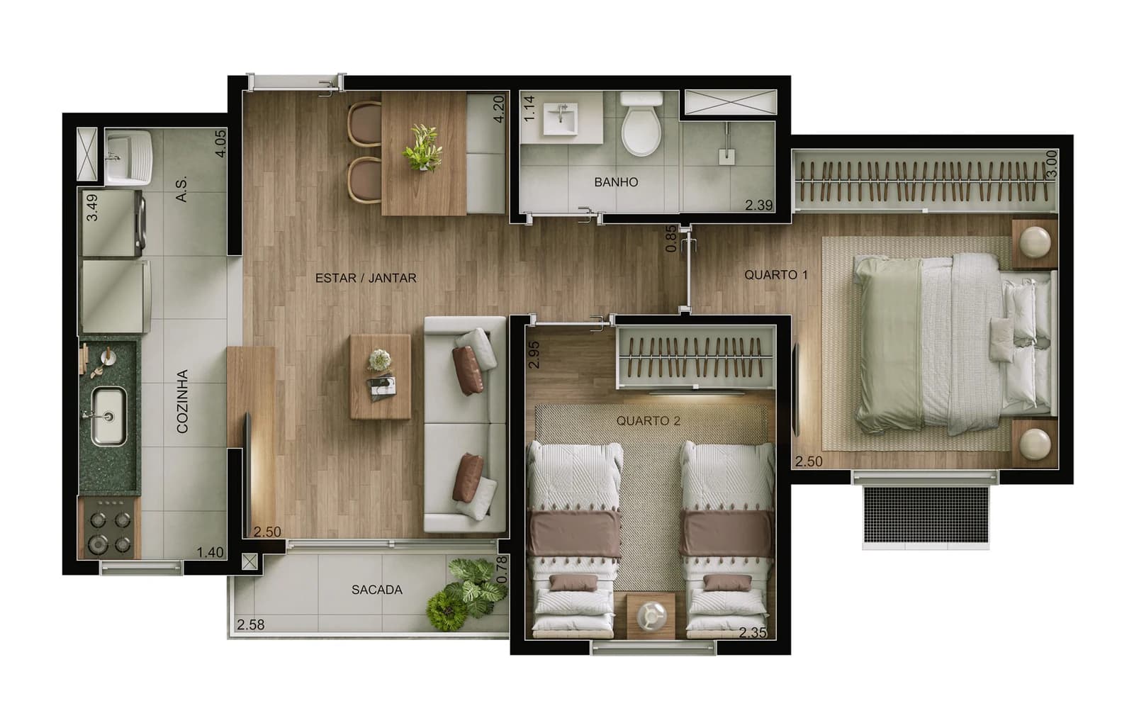 Planta 2 quartos com varanda e 43 m² no Pitangueira Reserva Urbana