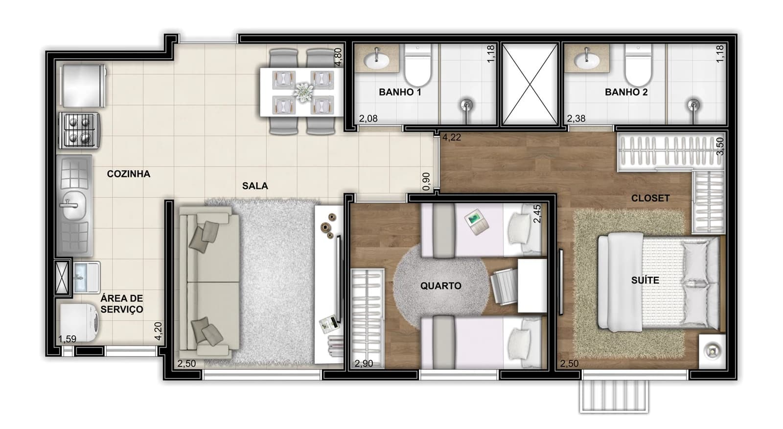 Planta 2 quartos com suíte — tipo meio e 50 m² no Vida Mar