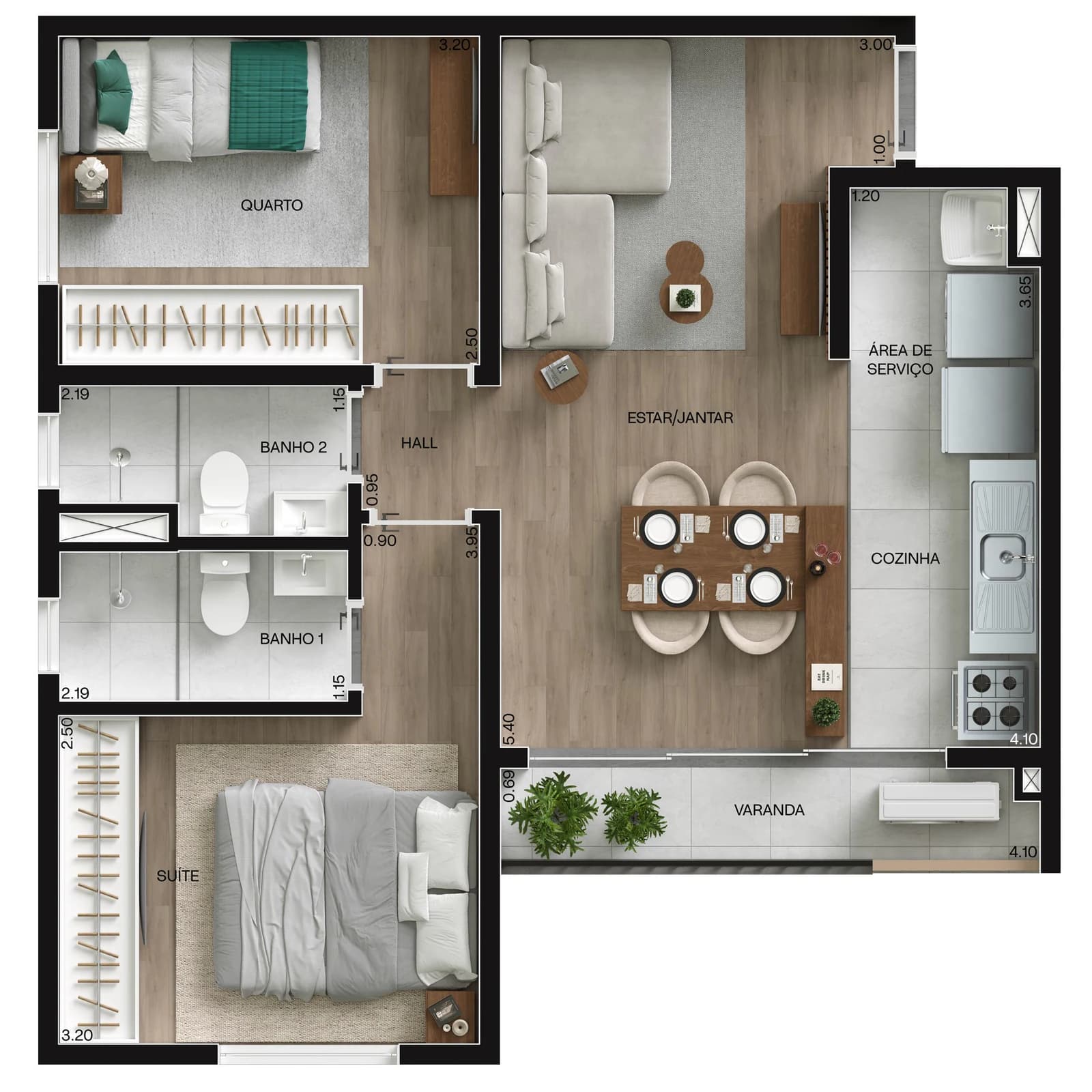 Planta 2 quartos com suíte e varanda e 52 m² no Parque América Trancoso