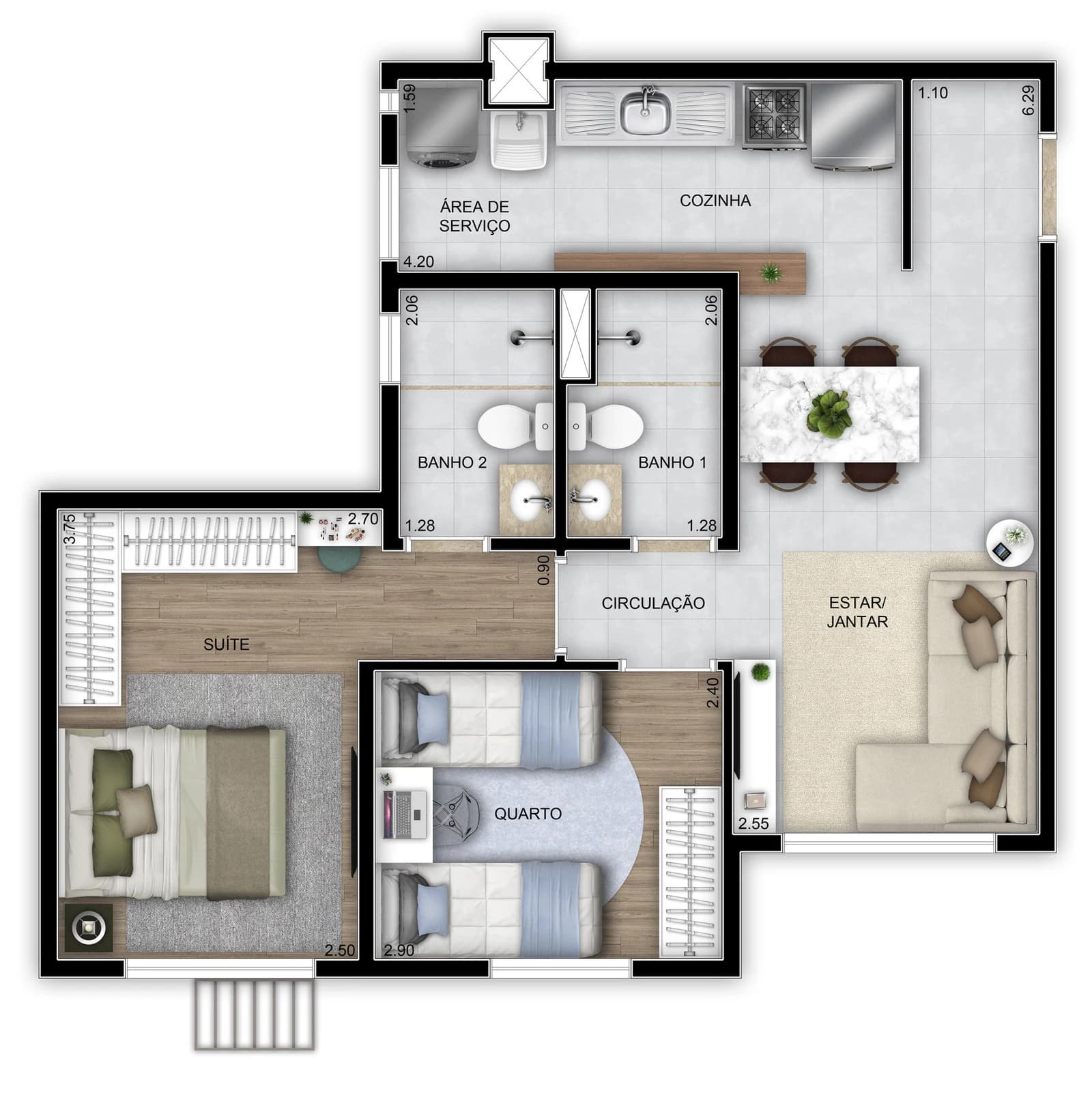 Planta 2 quartos com suíte — tipo 49 m² no Vida Milão